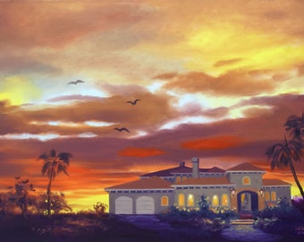 HOUSE, SUNSET.  Oils on 24" x 36" (61 x 91 cm) canvas painted by artist, Rusty Rust / M-407