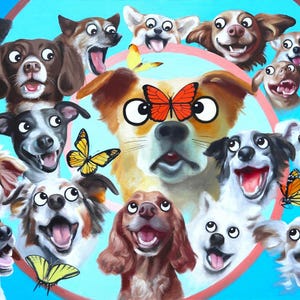 Op de afbeelding: Een grillig schilderij met talrijke cartoonhonden met opgewonden uitdrukkingen, tegen een blauwe achtergrond. Vlinders met oranje en gele vleugels zijn verspreid tussen de honden, wat een speels tintje aan het kunstwerk geeft.