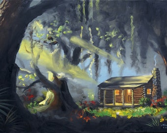 FLORIDA CABIN, trees.  Oils on 24" x 36" (61 x 91 cm) canvas painted by artist, Rusty Rust / M-384