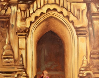 BURMA building, man.  Oils on 36" x 24" (91 x 61 cm) canvas painted by artist, RUSTY RUST / M-310