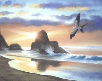 SWALLOWTAIL bird, beach.  Oils on 24" x 36" (61 x 91 cm)  canvas painted by artist, Rusty Rust / K-11