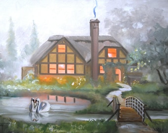 HOUSE, mute swans.  Oils on 24" x 36" (61 x 91 cm) canvas painted by artist, Rusty Rust / S-113