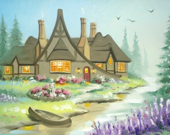FANTASY COTTAGE, fountain, flowers.  Oils on 24" x 36" (61 x 91 cm) canvas painted by artist, Rusty Rust / M-352