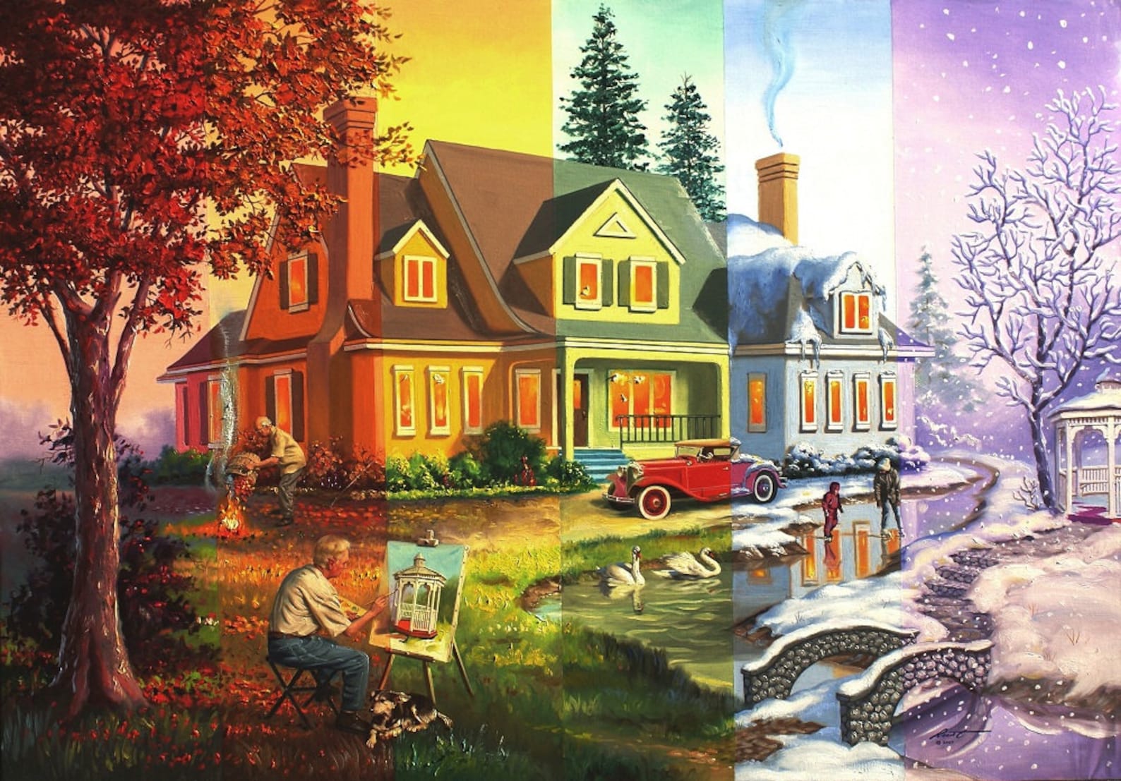 Colors house seasons landscape large original 36x60 oils on Etsy