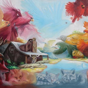 Op de afbeelding: Een olieverfschilderij dat een levendige scène van verschillende dieren en vogels uitbeeldt. Het kunstwerk toont een gevarieerde reeks wezens, waaronder een leeuw, een vos, vogels en andere dieren, allemaal weergegeven in een kleurrijke en expressieve stijl.