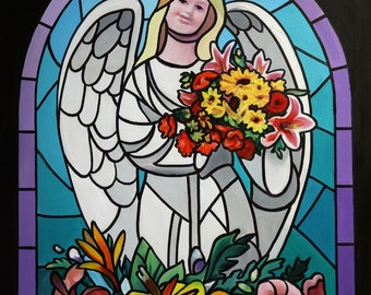 GARDEN ANGEL, flowers, oils on 36" x 28" canvas painted by artist, Rusty Rust / A-143