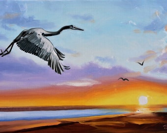 オオアオサギ、鳥、夕焼け。24インチ×36インチ（61×91cm）のキャンバスに油彩。作者：ラスティ・ラスト / H-99
