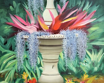 LIZARD'S VEIL, fountain, flowers.  Oils on 36" x 24" (91 x 61 cm) canvas painted by artist, Rusty Rust / M-368