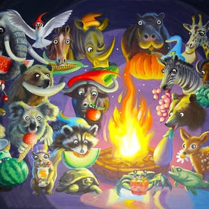 Op de afbeelding: Een grillig schilderij toont een verzameling cartoon dieren rond een kampvuur. Een olifant, een zebra en een panda behoren tot de vele dieren die van het eten genieten. Het kunstwerk heeft levendige kleuren en een speelse stijl.