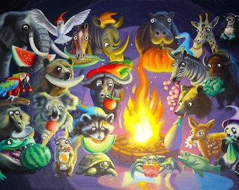 May include: A whimsical painting depicts a gathering of cartoon animals around a campfire. An elephant, zebra, and panda are among the many animals enjoying food. The artwork features vibrant colors and a playful style, perfect for children's decor or a unique gift.