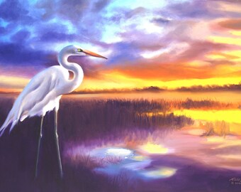 EGRET bird, beach, sunset.  Oils on 24" x 36" (61 x 91 cm) canvas painted by artist, RUSTY RUST / E-190