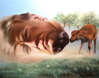 ONE TRUMPS TWO, (14373), illusion, bison, wildlife animal, oils on 30" x 40" canvas painted by artist, Rusty Rust.