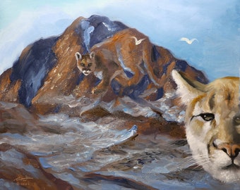 COUGAR (C-130), illusion, wildlife animal, oils on 16" x 20" canvas painted by artist, RUSTY RUST / C-130