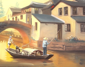 CHINA BOAT, buildings, bridge.  Oils on 24" x 36" (61 x 91 cm) canvas painted by artist, Rusty Rust / M-311