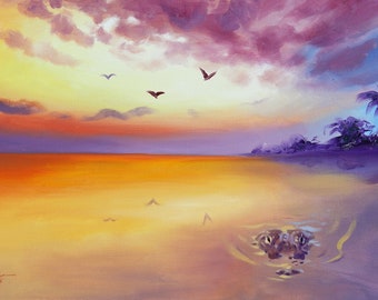GATOR, alligator, sunset.  Oils on 24" x 36" (61 x 91 cm) canvas painted by artist, RUSTY RUST / G-69