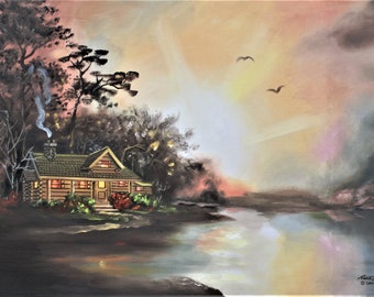 CABIN, SUNSET.  Oils on 24" x 36" (61 x 91 cm) canvas painted by artist, Rusty Rust / M-434