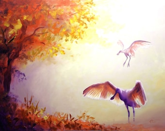 SPOONBILLS, wildlife birds, oils on 28x36 canvas painted by artist, RUSTY RUST / S-166