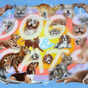 Op de afbeelding: Een grillig schilderij met talrijke katten en honden met overdreven, wijd open ogen. Het woord "DOG & CAT" staat prominent in een kleurrijk, wervelend ontwerp. De achtergrond is lichtblauw, wat een speelse en levendige compositie creëert.