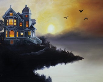 VICTORIAN SUNSET, house.  Oils on 24" x 36" (61 x 91 cm) canvas painted by artist, Rusty Rust // M-526