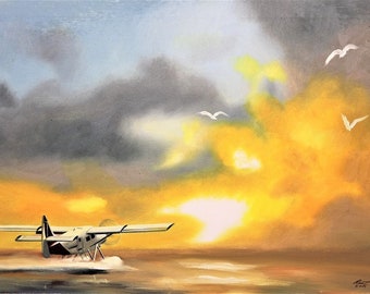 水上飛行機、夕焼け。24インチ×36インチ（61×91cm）のキャンバスに油彩。作者：RUSTY RUST / M-500