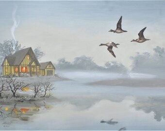 CABIN, DUCKS, birds, pond.  Oils on 24" x 36" (61 x 91 cm) canvas painted by artist, Rusty Rust / D-186