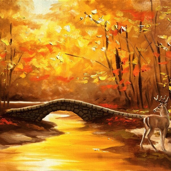 Whitetail Deer bridge autumn landscape 24x36 oils on canvas painting by RUSTY RUST / D-134