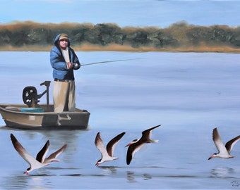 SKIMMERS, fisherman, fishing.  Oils on 24" x 36" (61 x 91 cm) canvas painted by artist, Rusty Rust / S-141