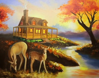 DEER, wildlife animal, oils on 28x36 canvas painted by artist, RUSTY RUST / D-220