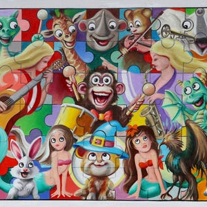 Op de afbeelding: Een kleurrijke legpuzzel met een muzikaal ensemble van cartoon dieren en zeemeerminnen. De puzzelstukjes vormen een levendig beeld van een band met een gitaar, drums en andere instrumenten. Het kunstwerk bevat een verscheidenheid aan wezens.