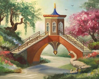 CHINA BRIDGE, swan.  Oils on 24" x 36" (61 x 91 cm)  canvas painted by artist, Rusty Rust / S-111