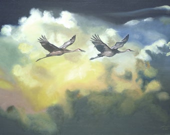 SANDHILL CRANES, clouds.  Oils on 24" x 36" (61 x 91 cm) canvas painted by artist, Rusty Rust / C-107