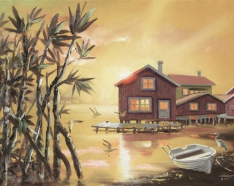 MANGROVE COVE, boat house.  Oils on 24" x 36" (61 x 91 cm) canvas painted by artist, Rusty Rust / M-355