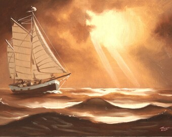 SAILBOAT, sunset.  Oils on 24" x 36" (61 x 91 cm) canvas painted by artist, Rusty Rust / M-323