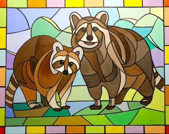 RACCOONS, wildlife animal, oils on 28" x 36" canvas painted by artist, RUSTY RUST / R-64