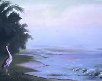 SANDHILL CRANE, beach.  Oils on 24" x 36" (61 x 91 cm) canvas painted by artist, Rusty Rust / C-113