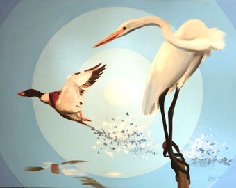 アヒル、サギ、野生の鳥、28x36インチのキャンバスに描かれた油彩画、アーティスト：ラスティ・ラスト / D-217