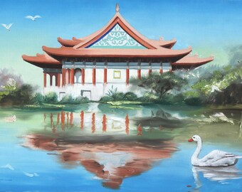 TAIWAN HOUSE, swan.  Oils on 24" x 36" (61 x 91 cm) canvas painted by artist, Rusty Rust / S-112