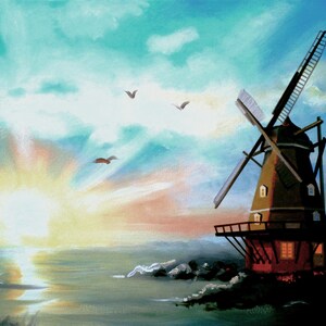 May include: A painting depicting a windmill with a red roof and white sails set against a vibrant sunset sky. The windmill is positioned near a body of water, reflecting the bright sun. Birds are flying in the sky.