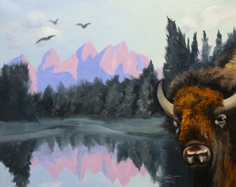 BISON, wildlife animal, oils on 16" x 20" canvas painted by artist, RUSTY RUST / B-132