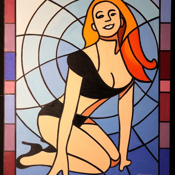 DARLA, glamour girl, stained glass effect, oils on 30" x 24" canvas painted by artist, RUSTY RUST.  No frame necessary. / 1680