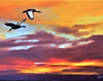 WHISTLING DUCKS, sunset.  Oils on 24" x 36" (61 x 91 cm) canvas painted by artist, Rusty Rust / D-190