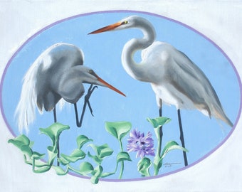 GREAT WHITE EGRETS, birds.  Oils on 24" x 36" (61 x 91 cm) canvas painted by artist, Rusty Rust / E-193