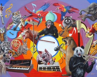 OFF NOTE, musical wildlife, large 39" x 60" (99 x 152 cm) oils on canvas painted by artist, Rusty Rust / W-74