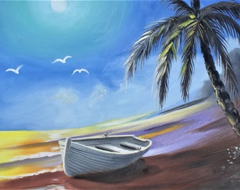 BEACH, BOAT.  Oils on 25" x 36" (61 x 91 cm) canvas painted by artist, Rusty Rust / M-437