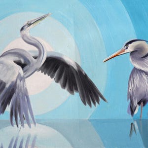 Op de afbeelding: Een olieverfschilderij toont twee blauwe reigers tegen een lichtblauwe achtergrond met concentrische cirkels. Eén reiger is in vlucht met gespreide vleugels, de andere staat in het water. De vogels zijn grijs en blauw.