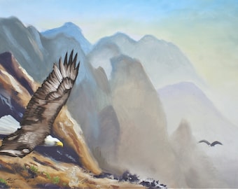 飛翔中のハクトウワシ、山々。24インチ×36インチ（61×91cm）のキャンバスに油彩。作者：ラスティ・ラスト / E-205