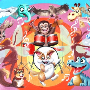 Op de afbeelding: Een kleurrijke illustratie met verschillende cartoon dieren, waaronder een aap die drums speelt, een eekhoorn, een hond en een kat. Muzieknoten en een fee zijn ook aanwezig, wat een grillige en speelse scène creëert.