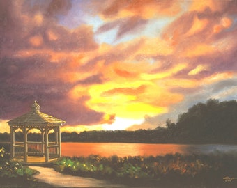 GAZEBO, sunset.  Oils on 24" x 36" (61 x 91 cm) canvas painted by artist, RUSTY RUST / M-207