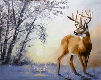 DEER, wildlife animal, oils on 28x36 canvas painted by artist, RUSTY RUST / D-218