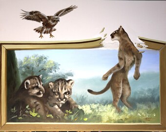 BIRDON (C-132), Illusion cougars, hawk, oils on 28" x 36" canvas painted by artist, RUSTY RUST.